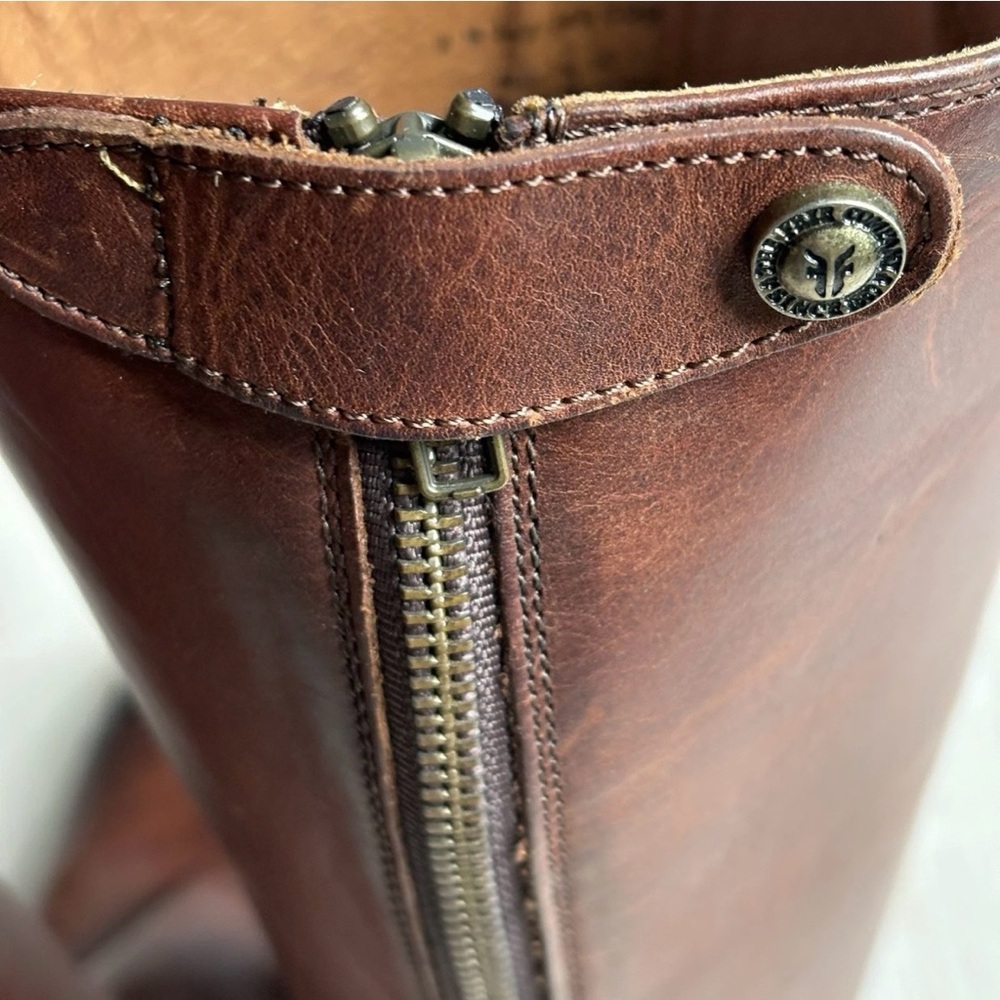 FRYE TALL COGNAC LEATHER MELISSA RIDING BOOTS with BACK ZIPPER & SNAP TABS - Picture 3 of 13